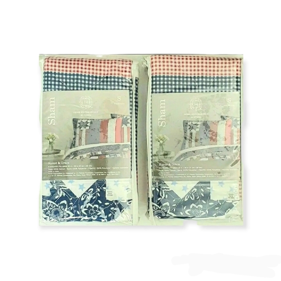 Patriotic Red white blue pillow shams Quilted Star checkered Bedding nip - Picture 4 of 5